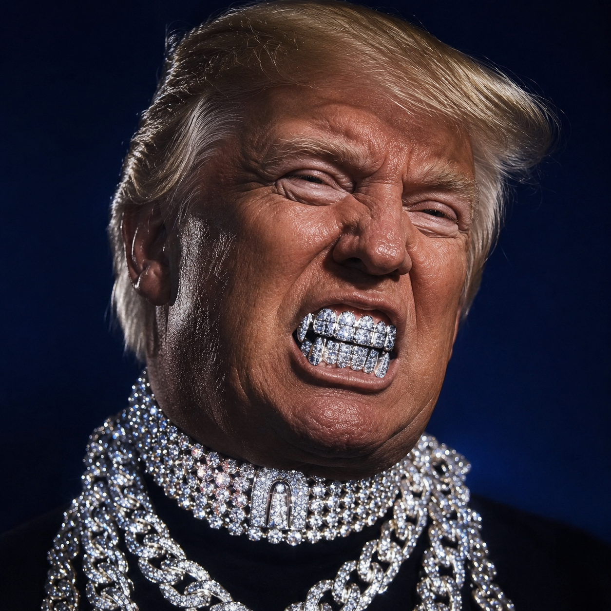 Close portrait of Trump Wif Drip character with diamond grill and chains