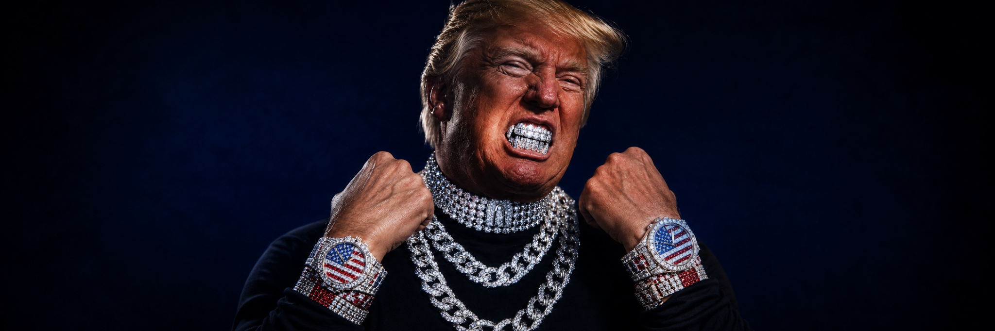 Trump Wif Drip character wearing diamond chains and watches